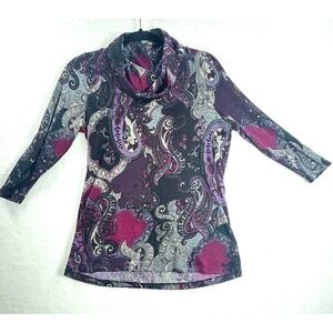 Simply Suzie Cowl Neck Top Womens Size Petite‎ Large Purple Paisley Art to Wear